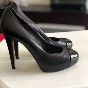 CHANEL Black Platform Patent Leather Toe Pumps